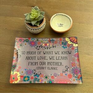 Natural Life Trio of Gifts for Mom Glass Tray Tiny Bowl Trinkets Faux Plant